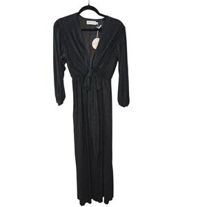 Petal & Pup Vivacia Black Plisse Low Cut‎ Maxi Dress Tie Front Formal New XS